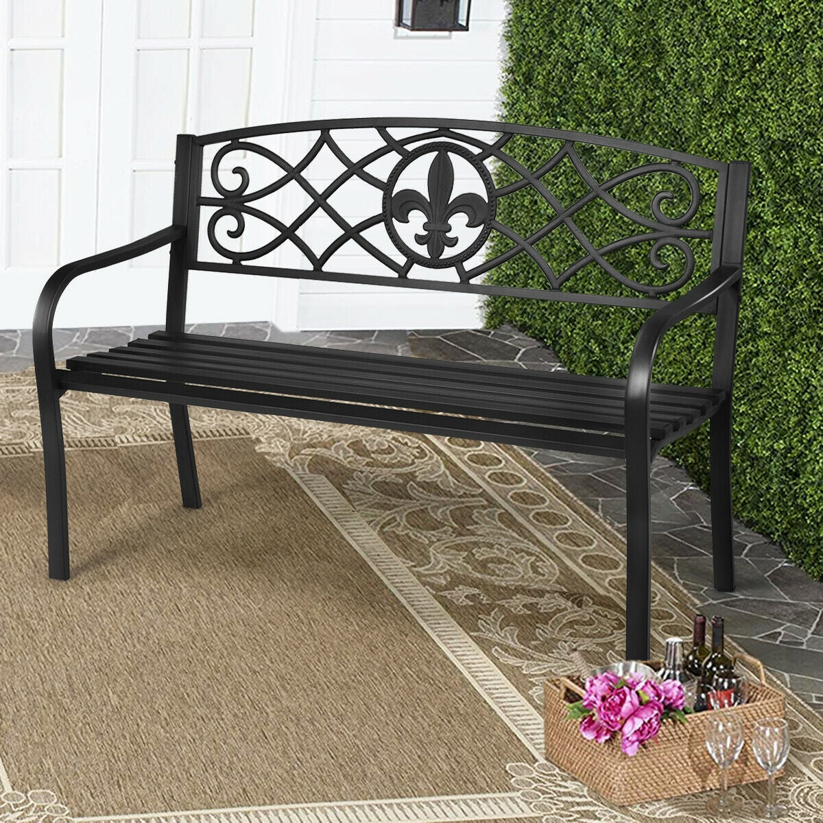 50-Inch Metal Garden Bench with Armrests - 500 lb Capacity