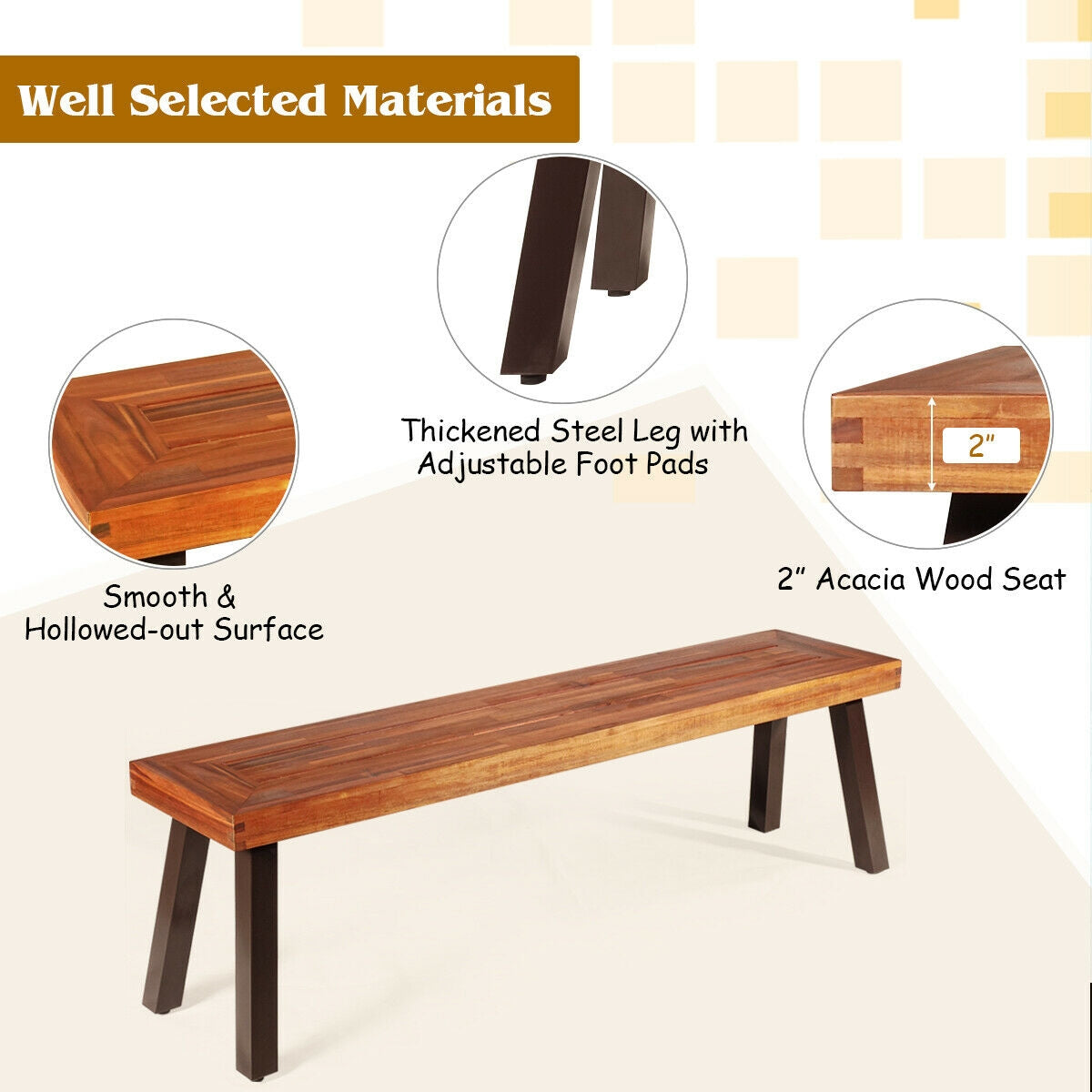 Acacia Wood Dining Benches Set of 2 for Patio