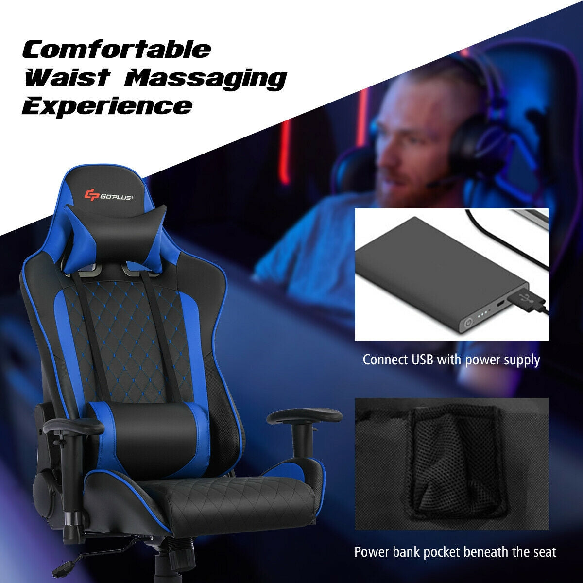 Gaming Chair with Massage Lumbar Support and Headrest