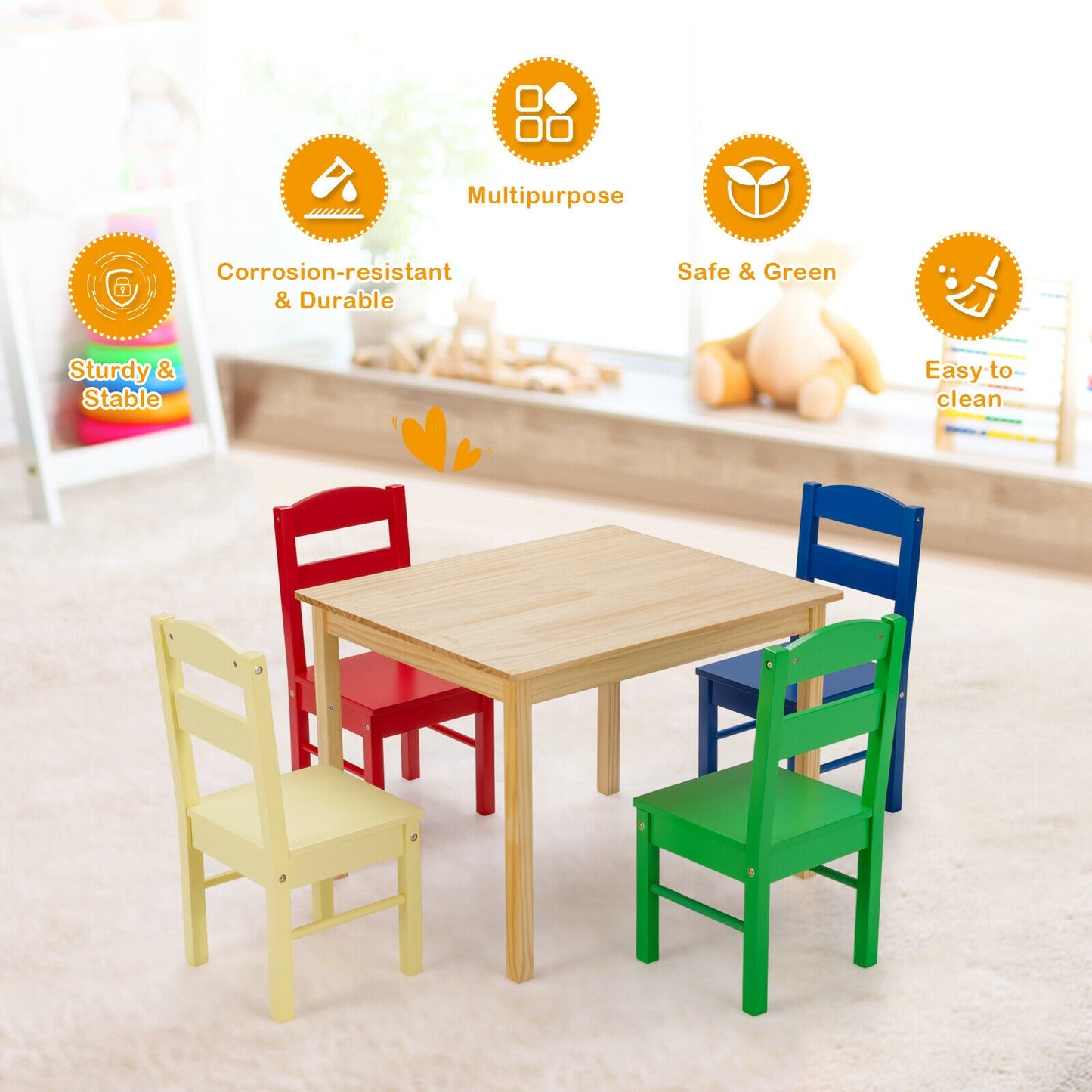 Kids Table and Chair Set - 5 Piece Pine Wood