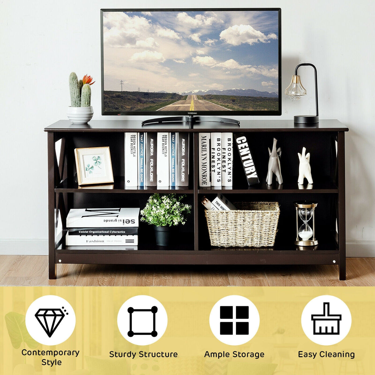 Wooden TV Stand Entertainment for TVs up to 55 Inch with X-Shaped Frame