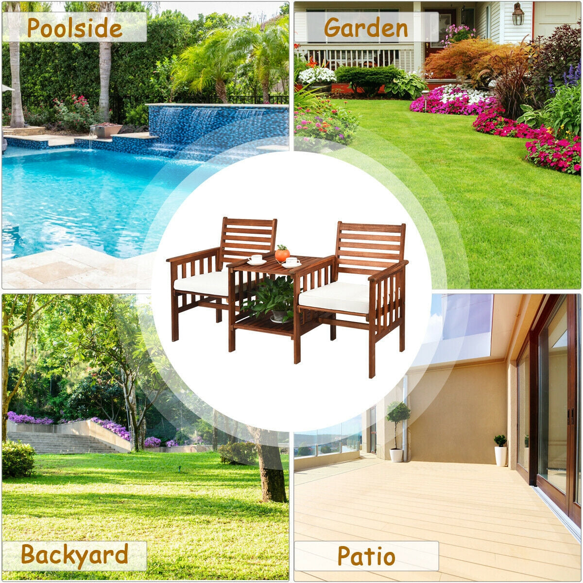 Acacia Wood Patio Conversation Set with Loveseat & Coffee Table