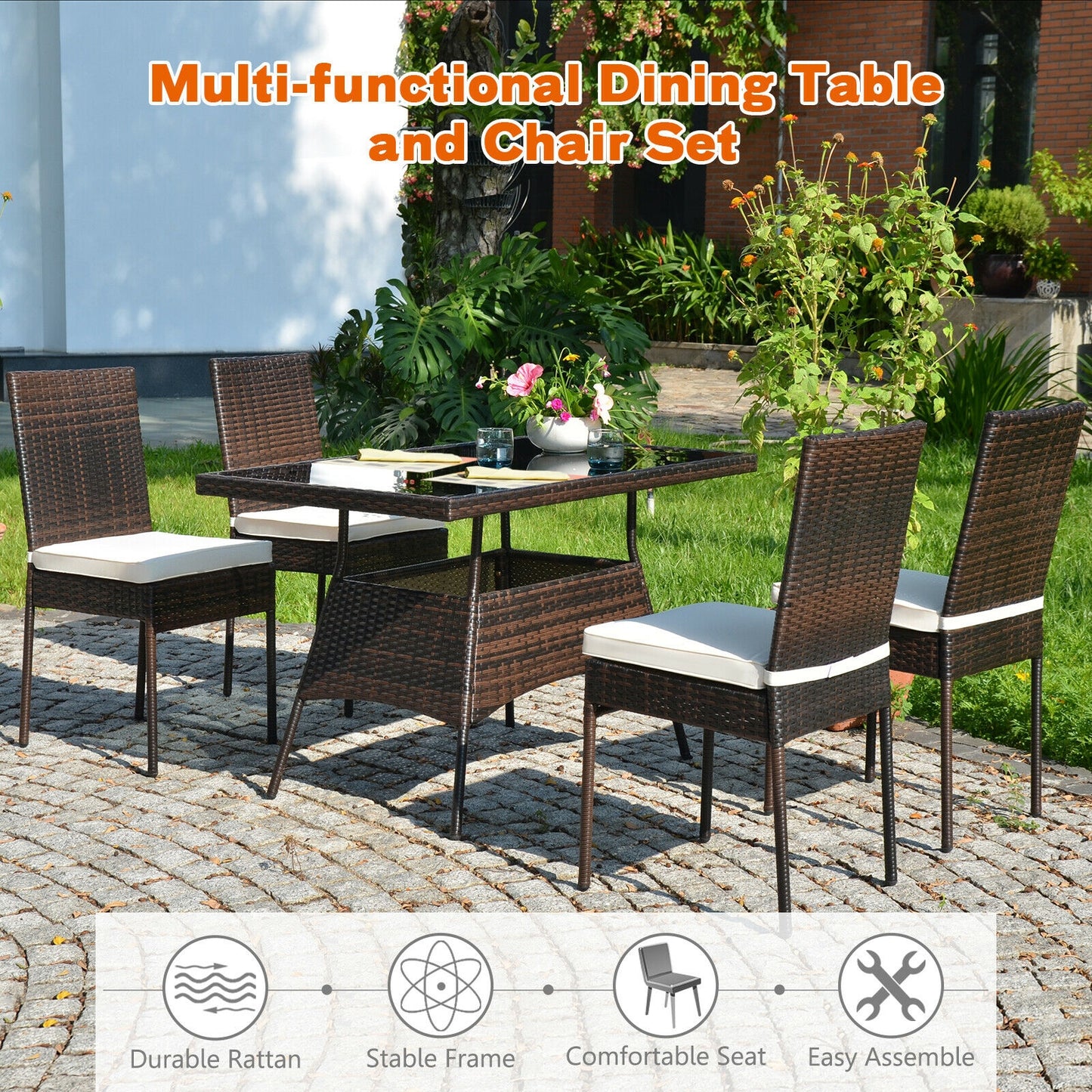 5-Piece Rattan Patio Dining Set with Glass Table & Cushions