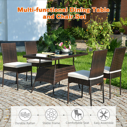 5-Piece Rattan Patio Dining Set with Glass Table & Cushions