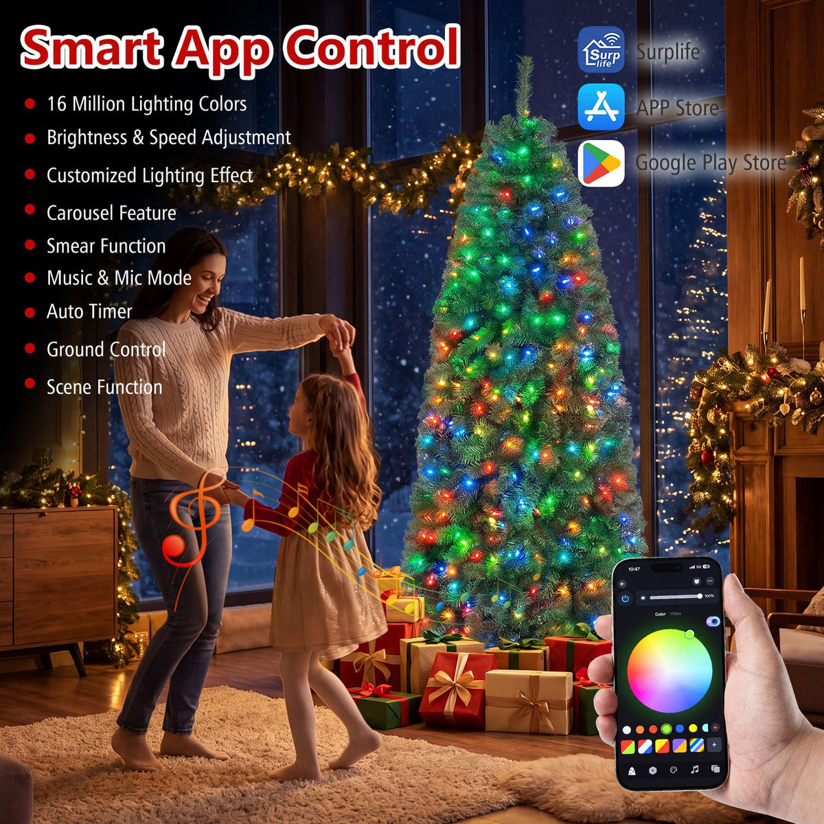6.3 FT Smart Pencil Christmas Tree with Pre-Lit RGB LED Lights