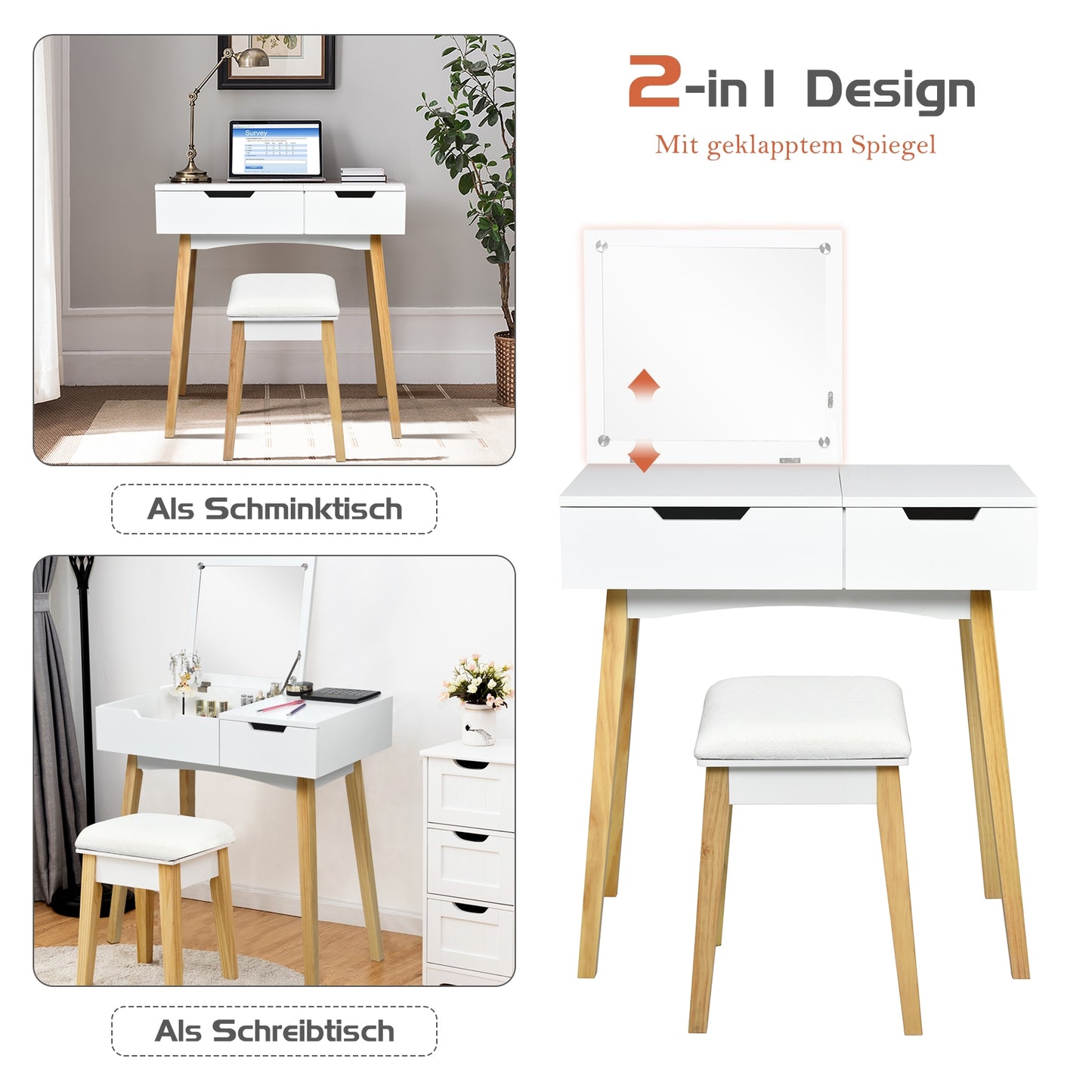 Vanity Table with Flip Top Mirror and Cushioned Stool