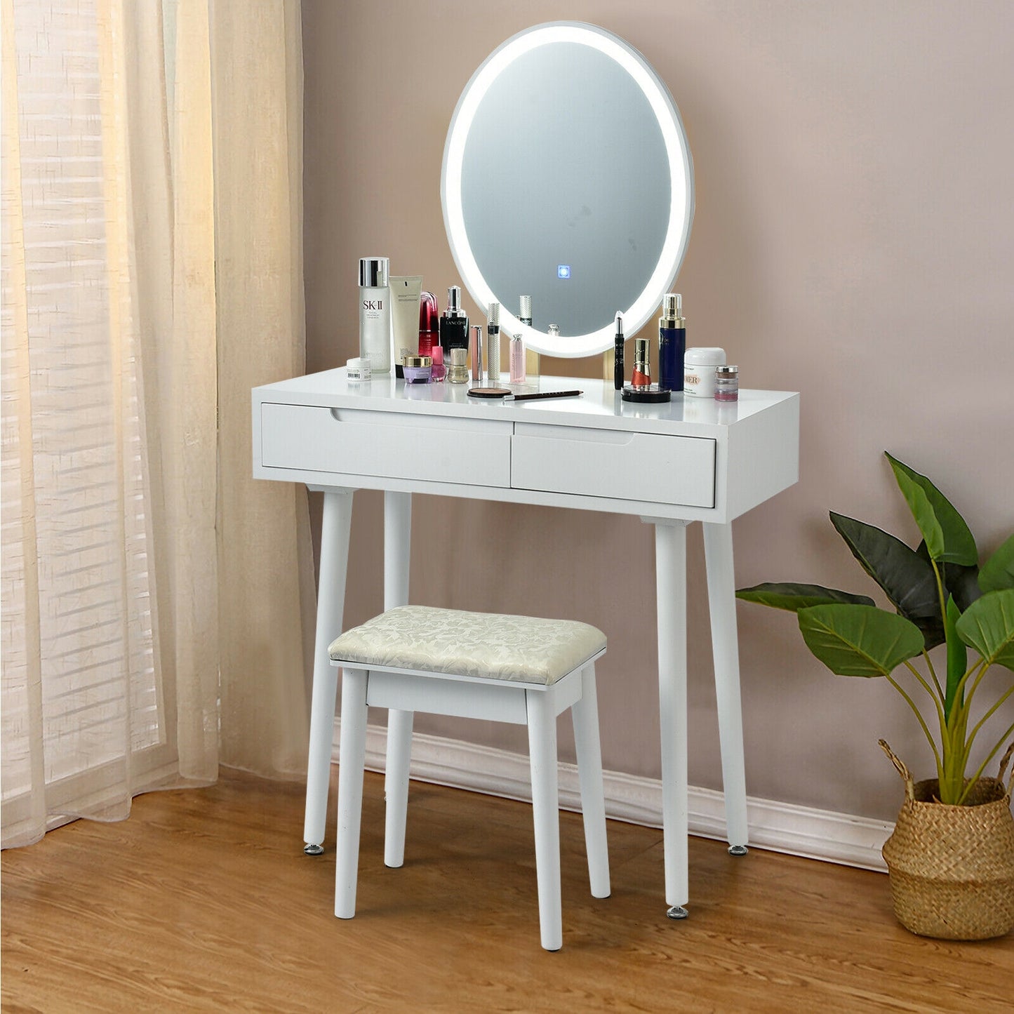 Vanity Makeup Table with Lighted Mirror and Stool Set