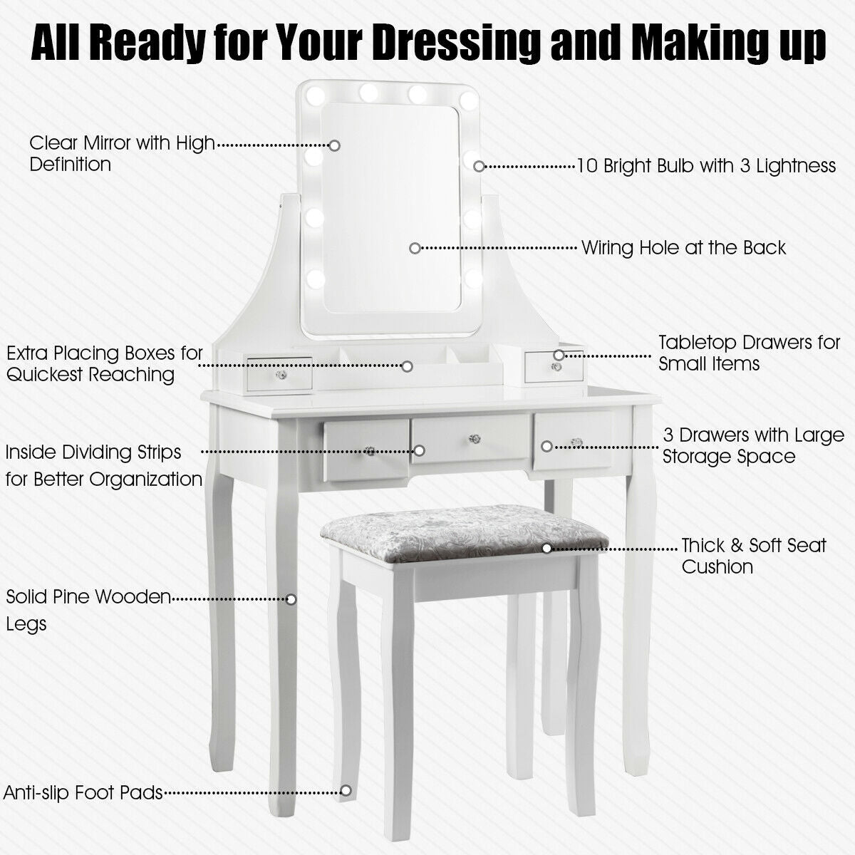Vanity Dressing Table Set with 10 Dimmable Bulbs & Stool