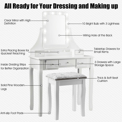 Vanity Dressing Table Set with 10 Dimmable Bulbs & Stool