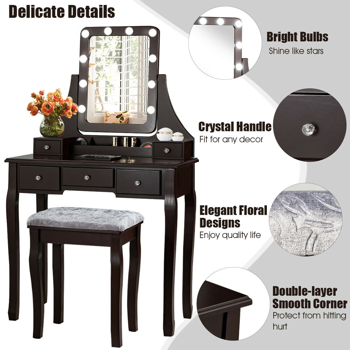 Vanity Dressing Table Set with 10 Dimmable Bulbs & Stool