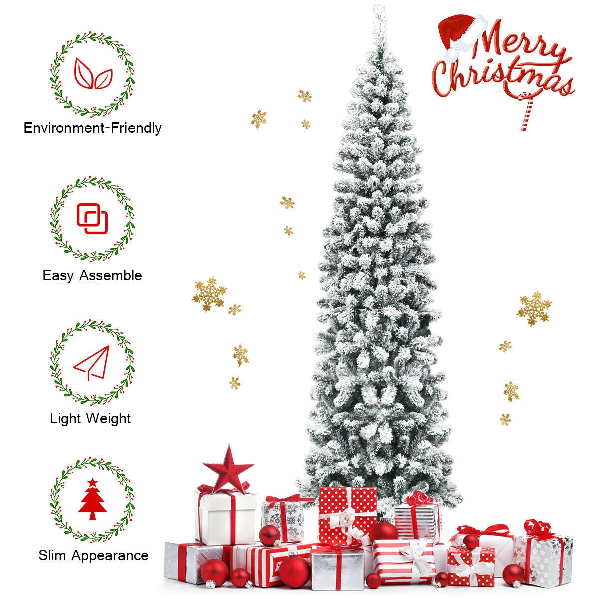 7.5 Feet Unlit Hinged Snow Flocked Artificial Pencil Christmas Tree with 641 Tips