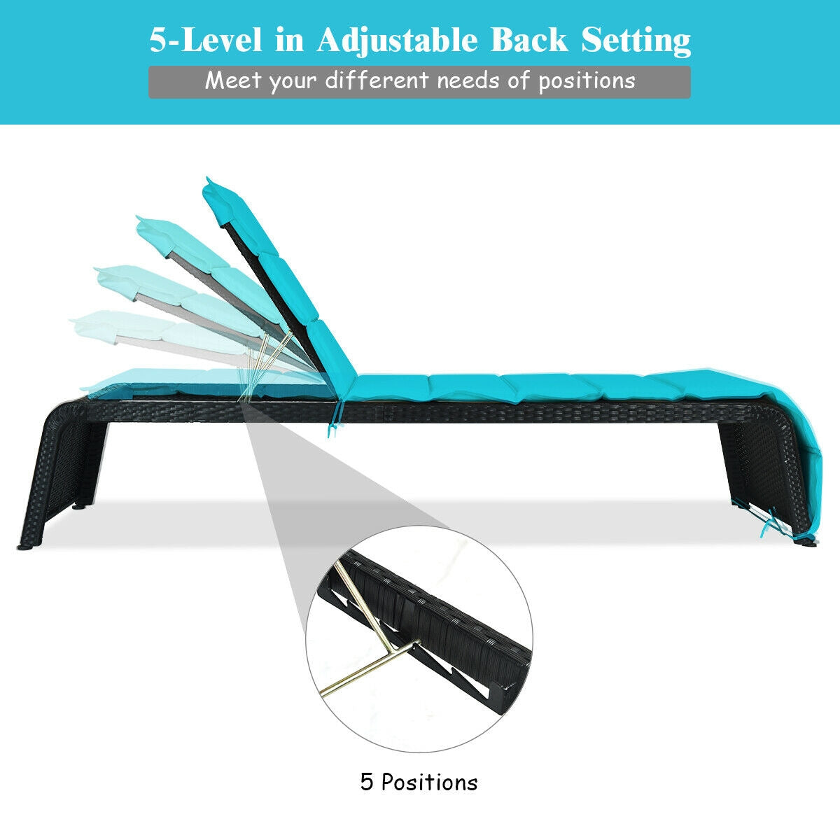 Adjustable Rattan Chaise Lounge Chair with Cushion