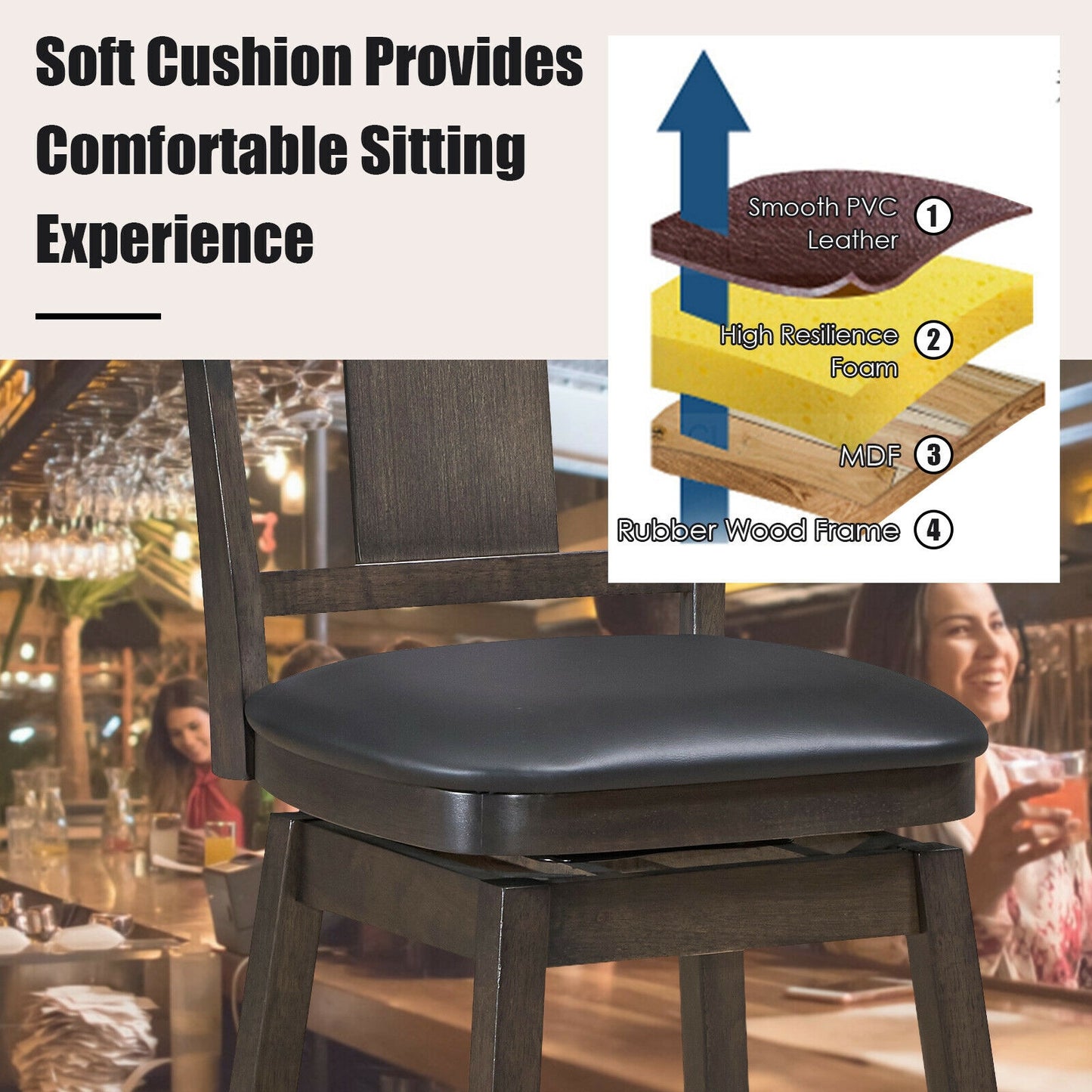 24-Inch Swivel Counter Height Bar Stool with Rubberwood Legs