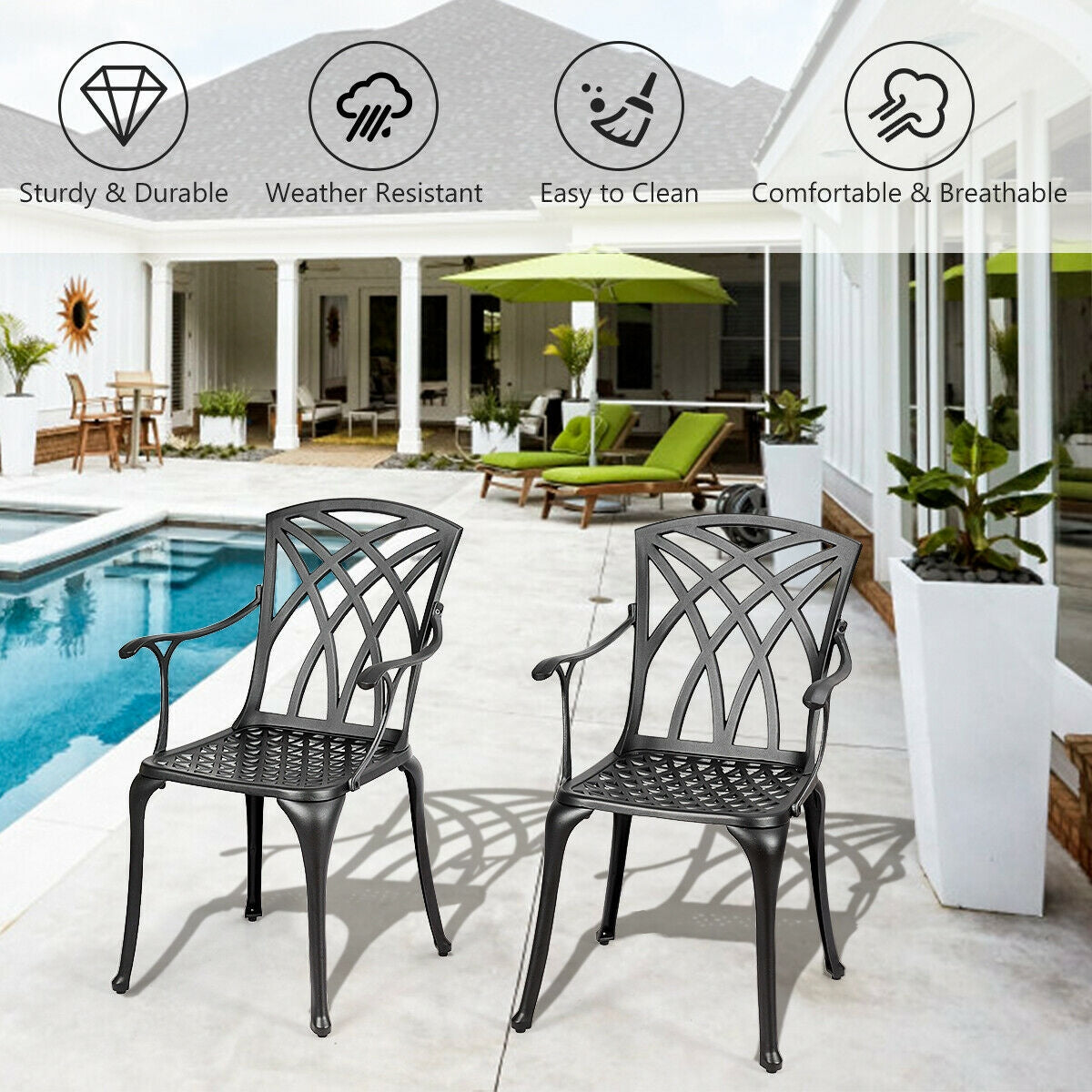 Aluminum Patio Dining Chairs Set of 2 with Armrests