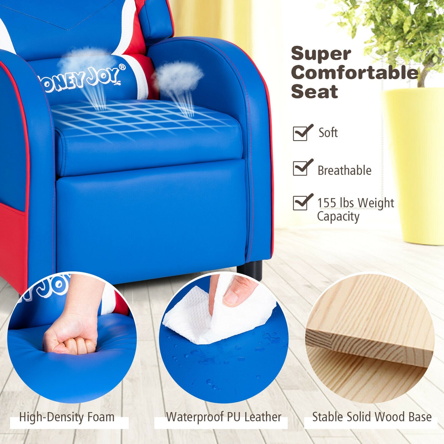 Kids Recliner Chair with Side Pockets - Adjustable Leather