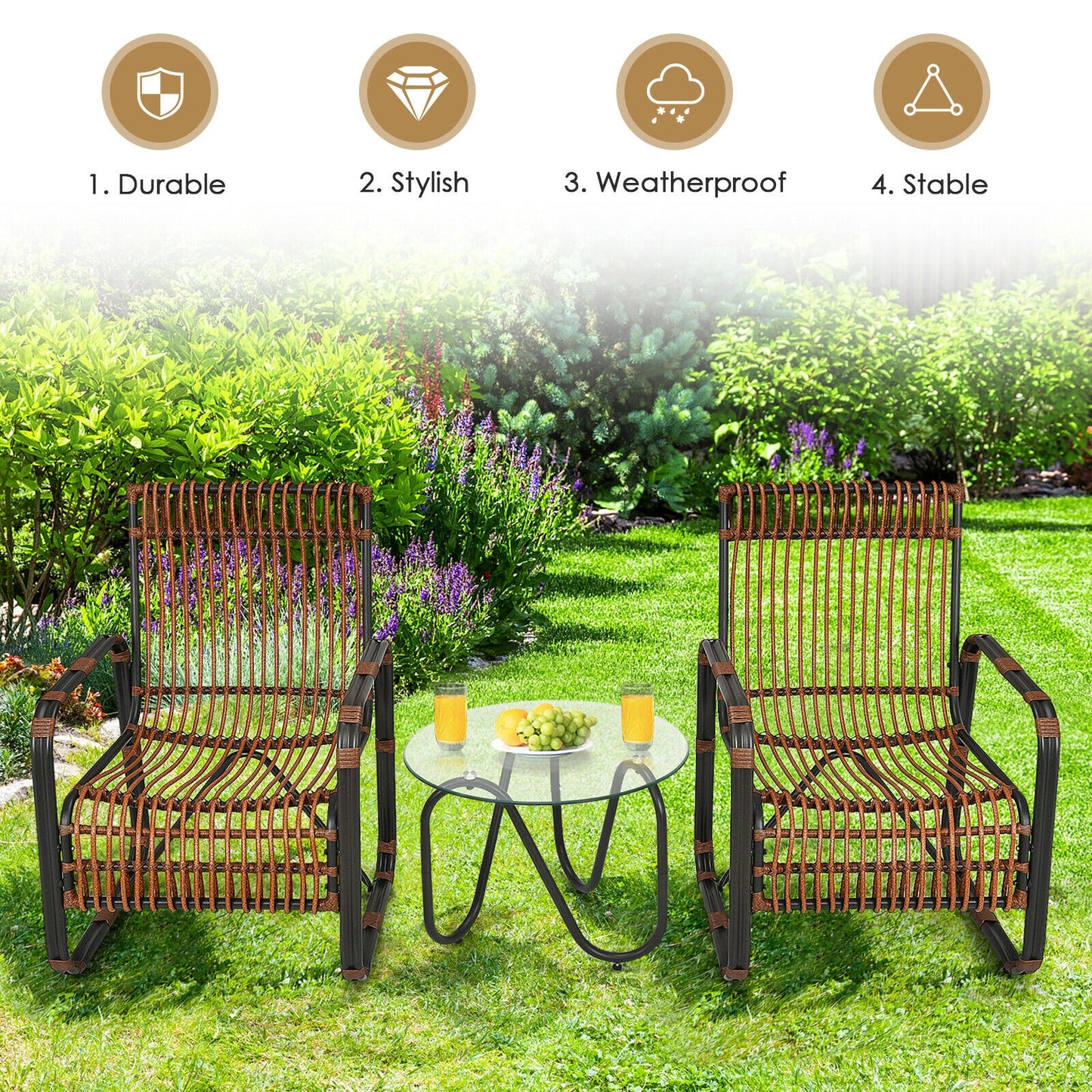 3-Piece Patio Conversation Set with Wicker Chairs & Glass Table