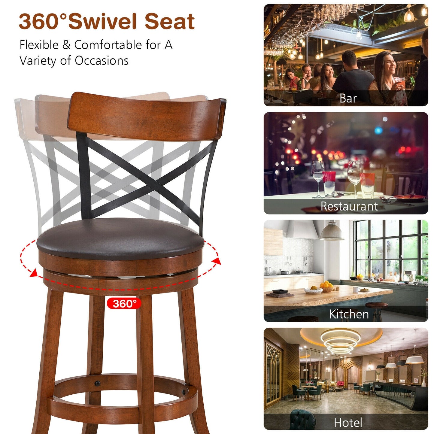 Swivel Bar Stools Set of 2 with Rubber Wood Legs - 360° Rotation
