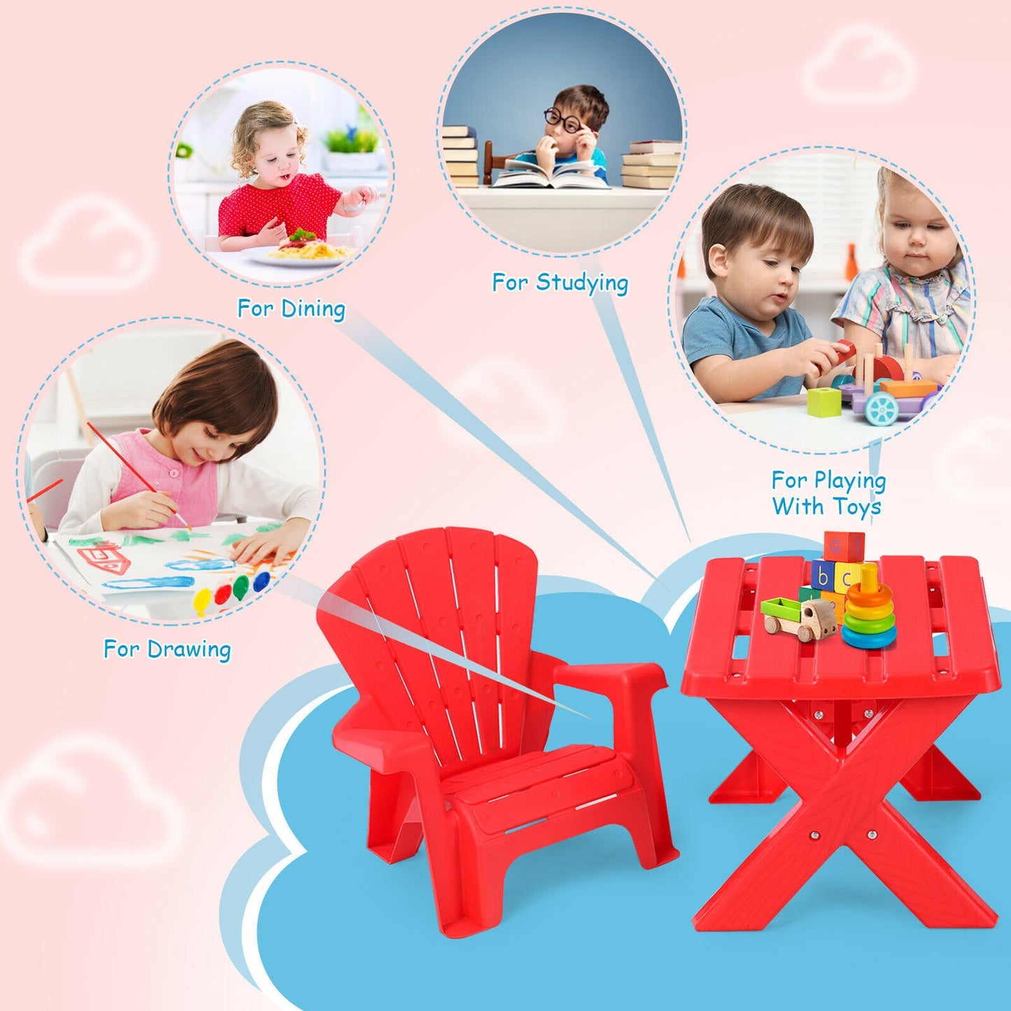 Kids Table and Chair Set - 3-Piece Plastic Play Furniture