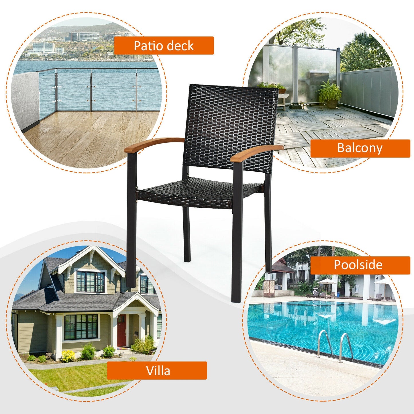 Outdoor PE Rattan Dining Chairs with Acacia Armrests, Set of 2