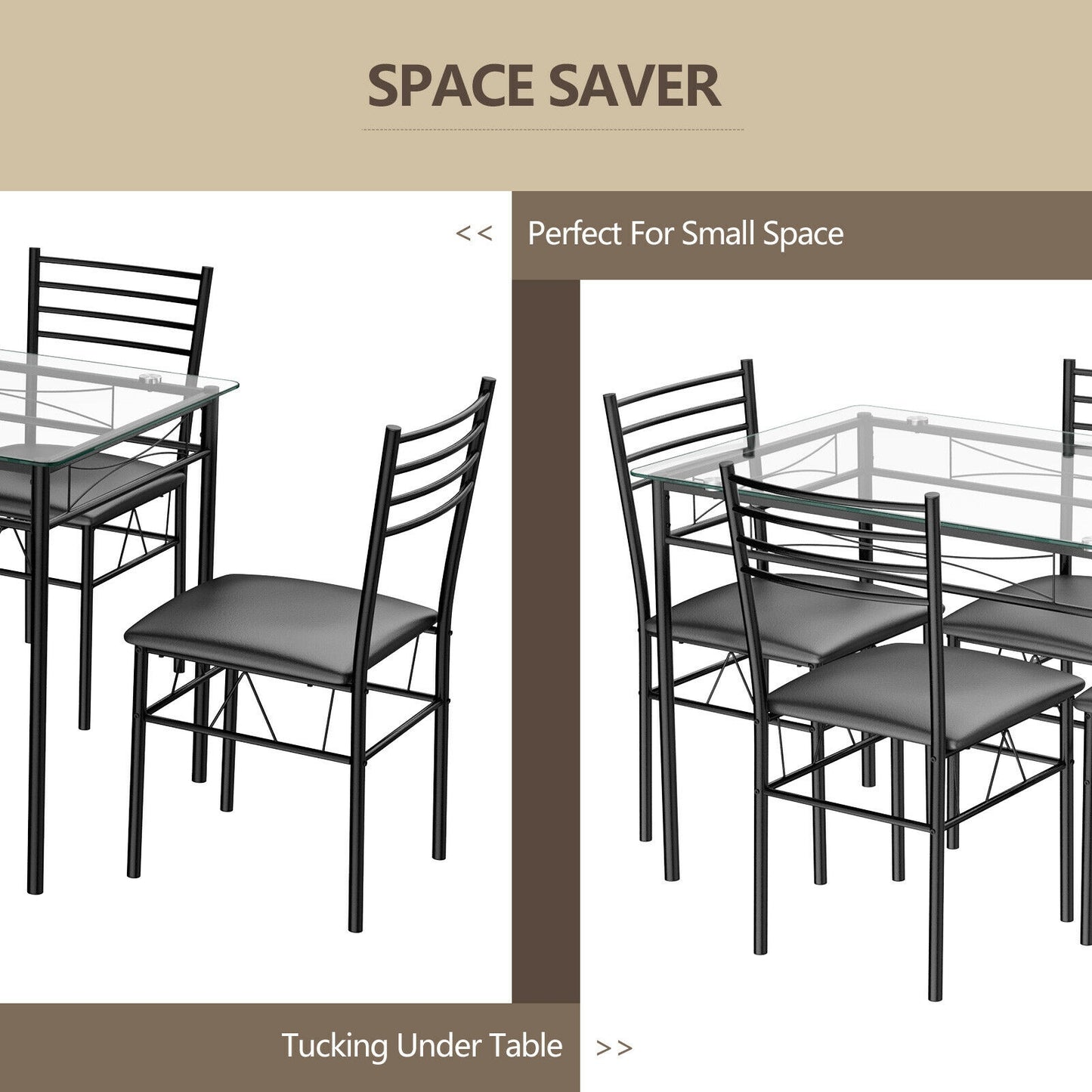 5-Piece Dining Set with Tempered Glass Table and Upholstered Chairs