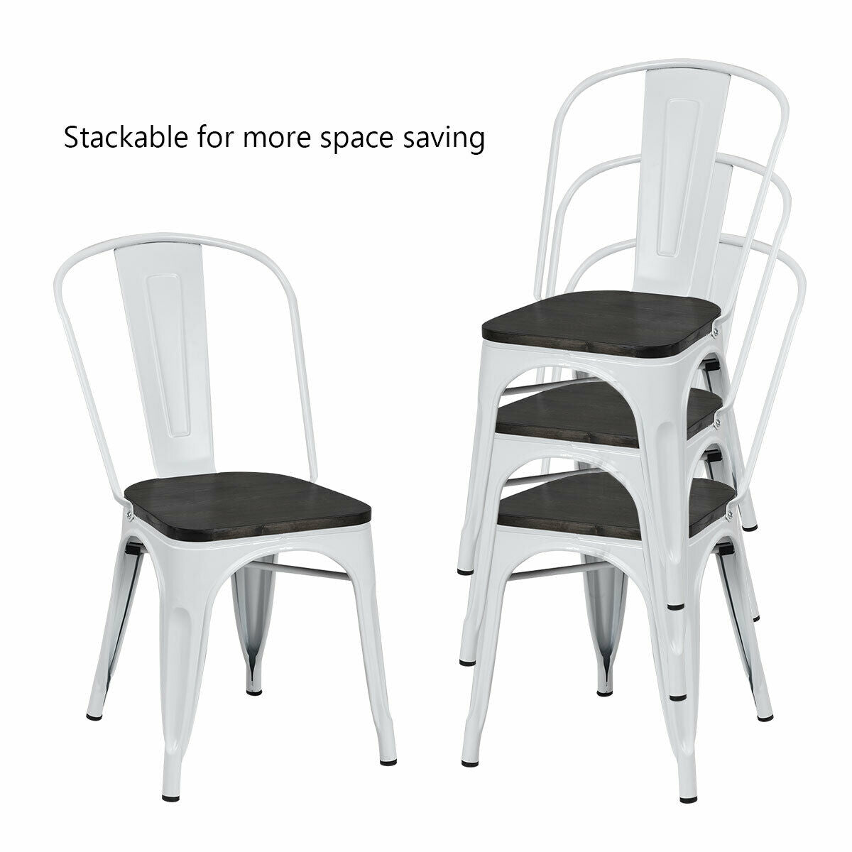 Metal Dining Chairs with Wood Seat - Set of 4, Stackable