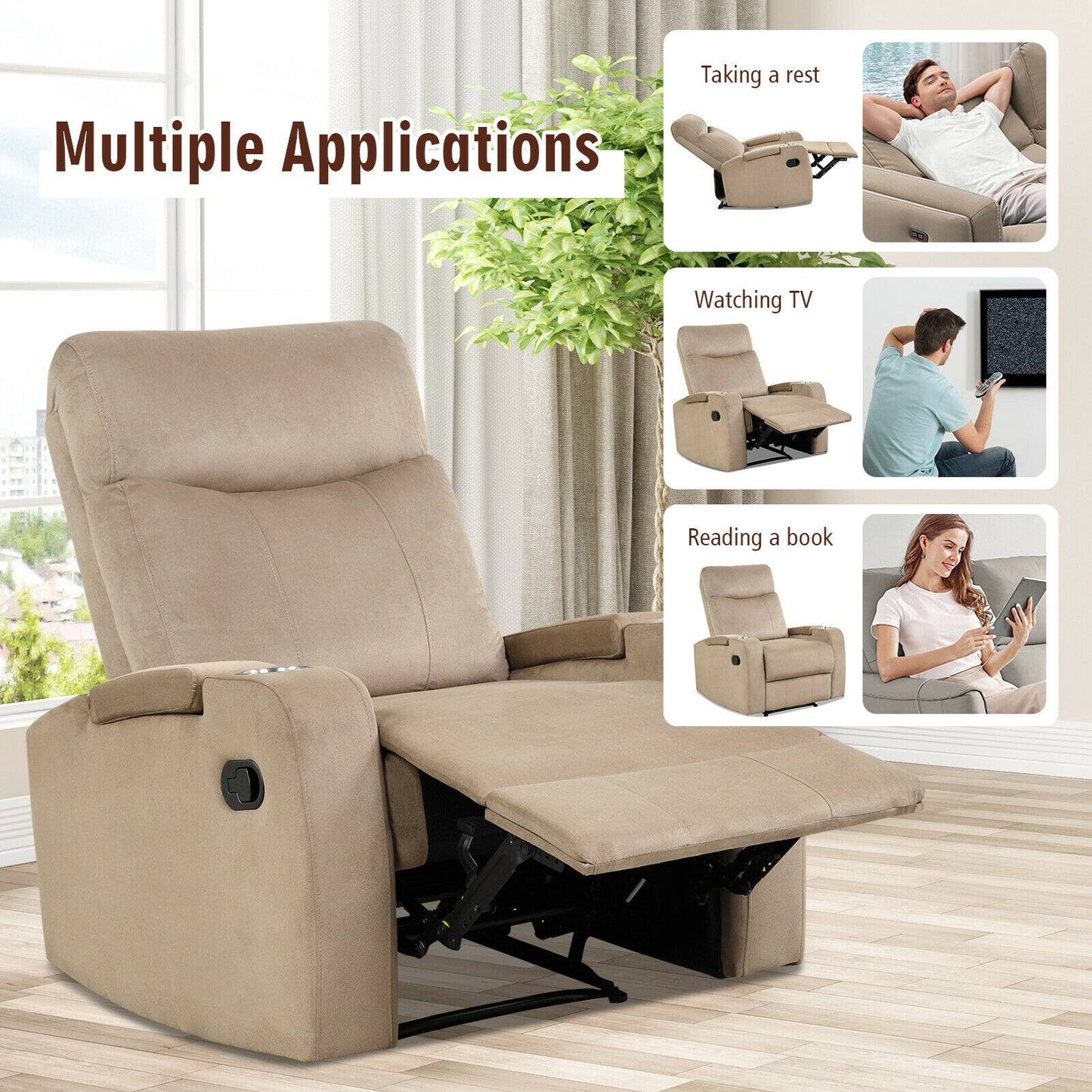 Recliner Chair with Storage Armrests and Cup Holders