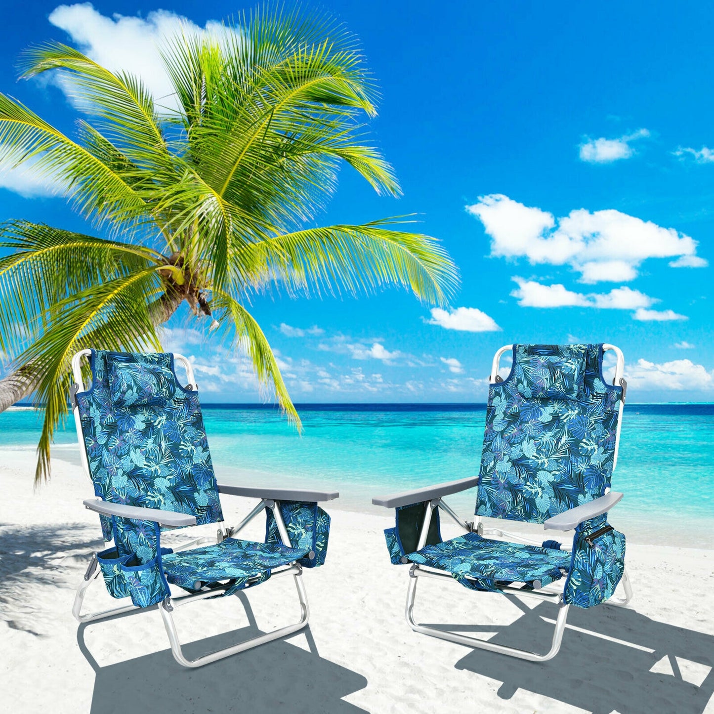Folding Beach Chair 2-Pack with 5-Position Backrest & Pillow