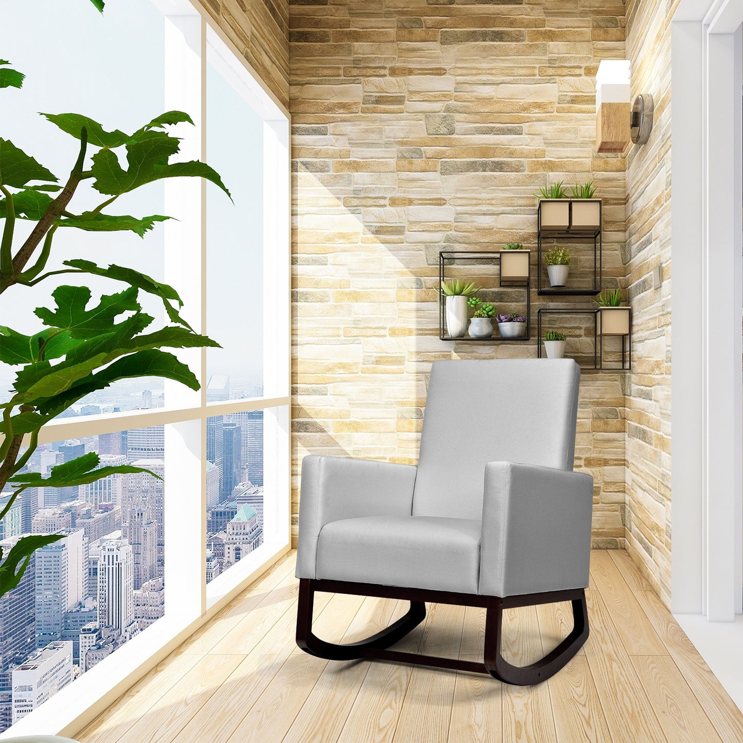2-in-1 Rocking Chair with Pillow, Beige Linen Upholstery