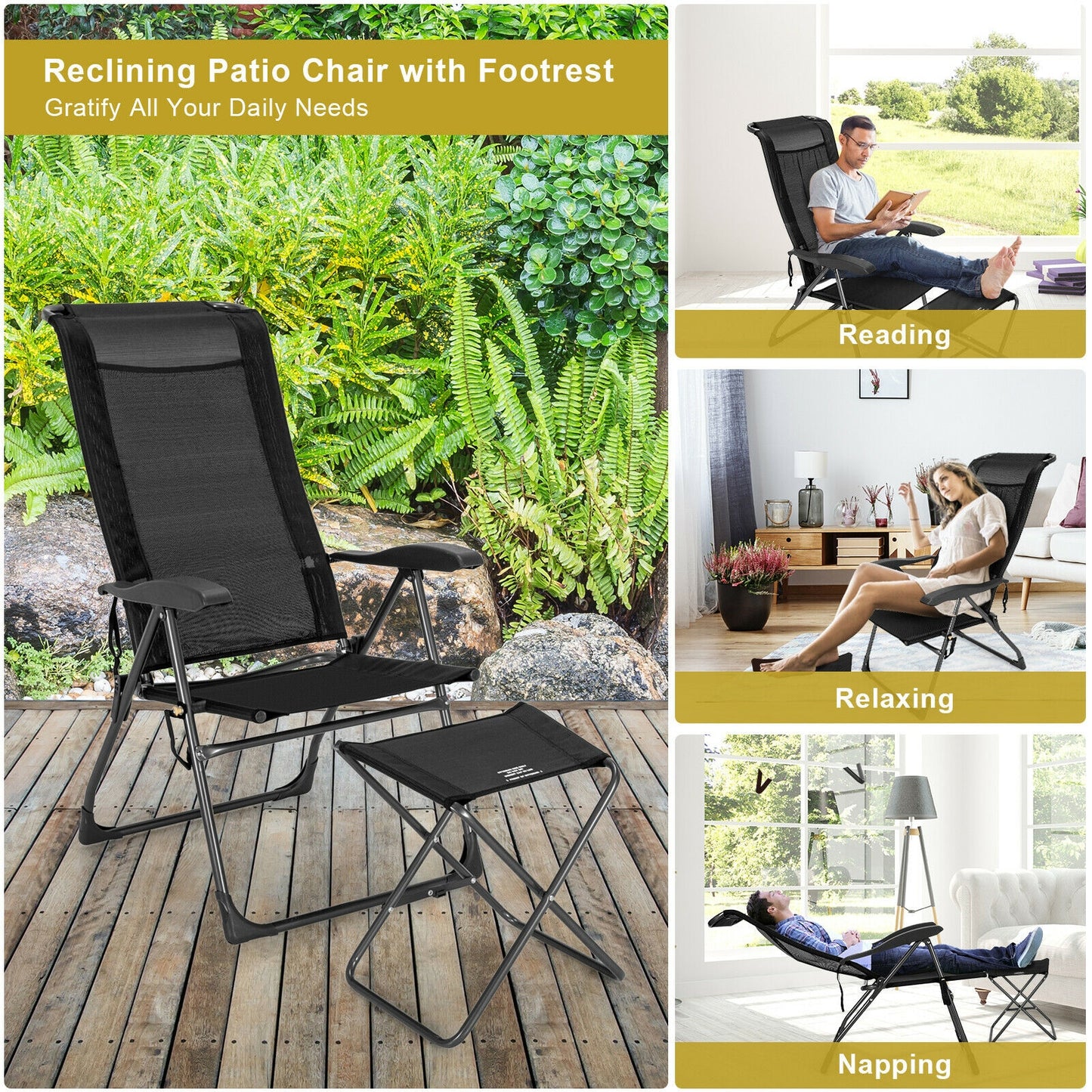 Adjustable Folding Patio Dining Chair with Ottoman Set (2-Pack)