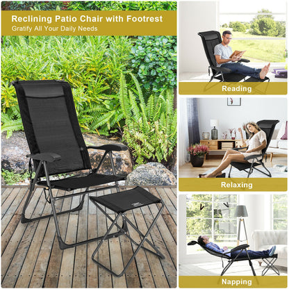 Adjustable Folding Patio Dining Chair with Ottoman Set (2-Pack)