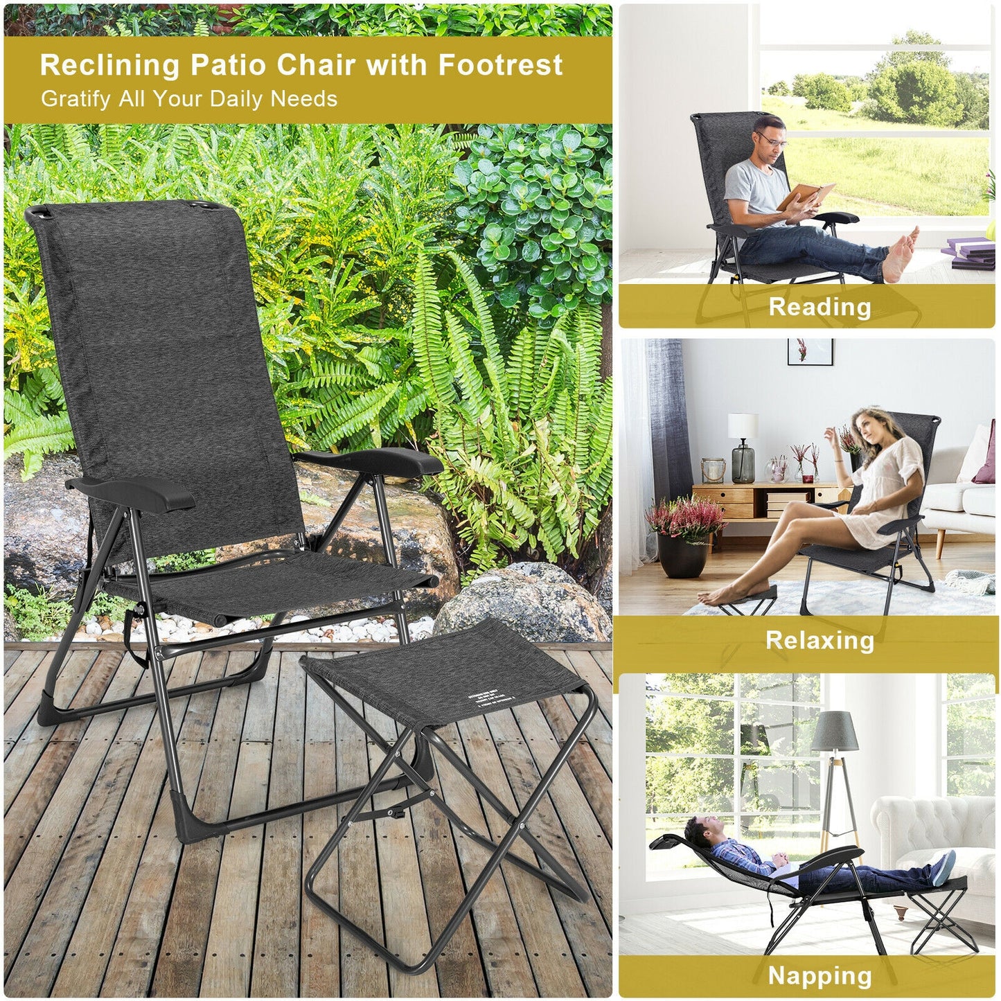 Adjustable Folding Patio Dining Chair with Ottoman Set (2-Pack)