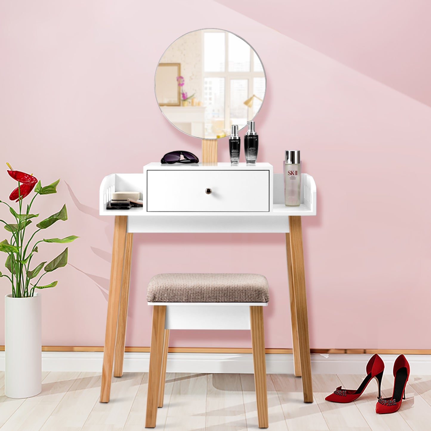 Makeup Vanity Table Set with Round Mirror and Cushioned Stool
