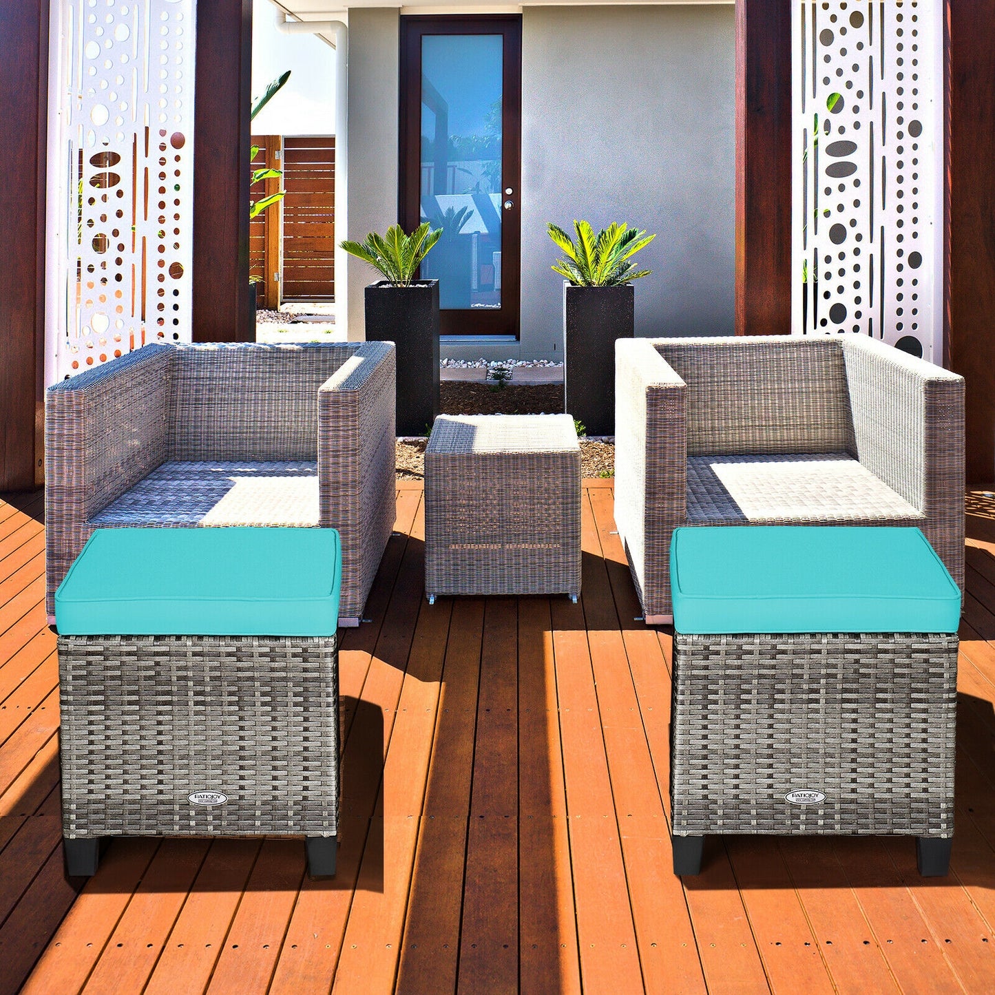 Patio Rattan Ottoman Set with Removable Cushions (2-Piece)