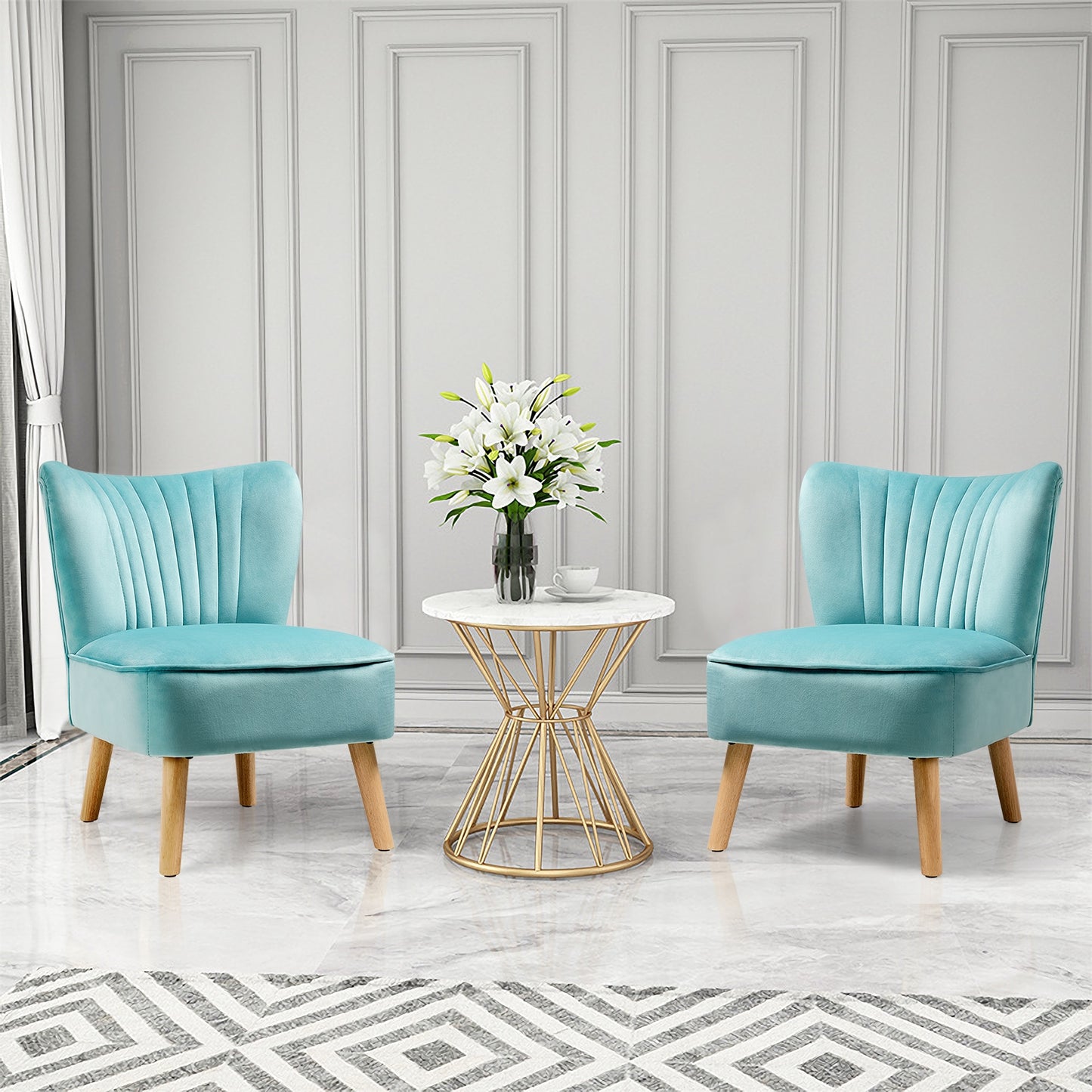 Velvet Accent Chair with Wood Legs - Armless Design