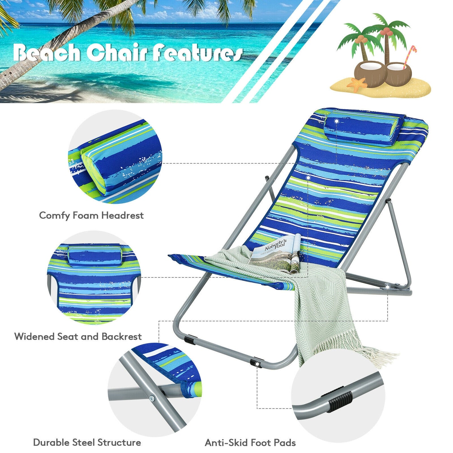 Portable Beach Chair Set of 2 with Adjustable Backrest