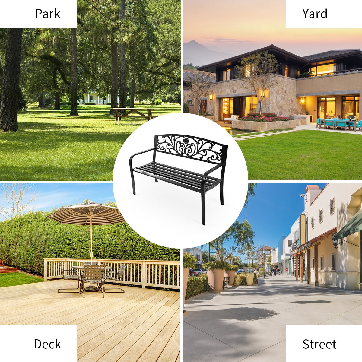 50-Inch Steel Frame Patio Bench with Cast Iron Backrest