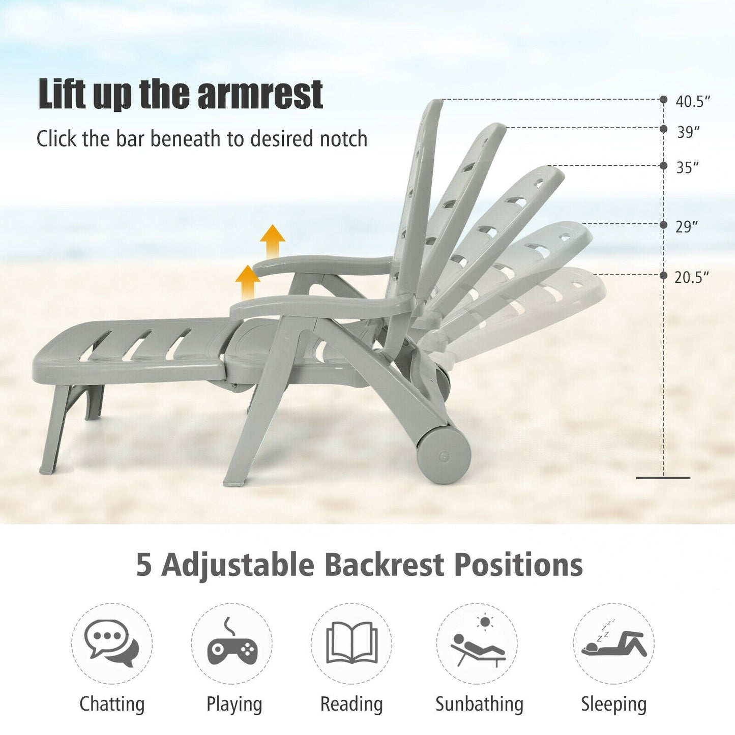 Adjustable Folding Chaise Lounge Chair with Wheels