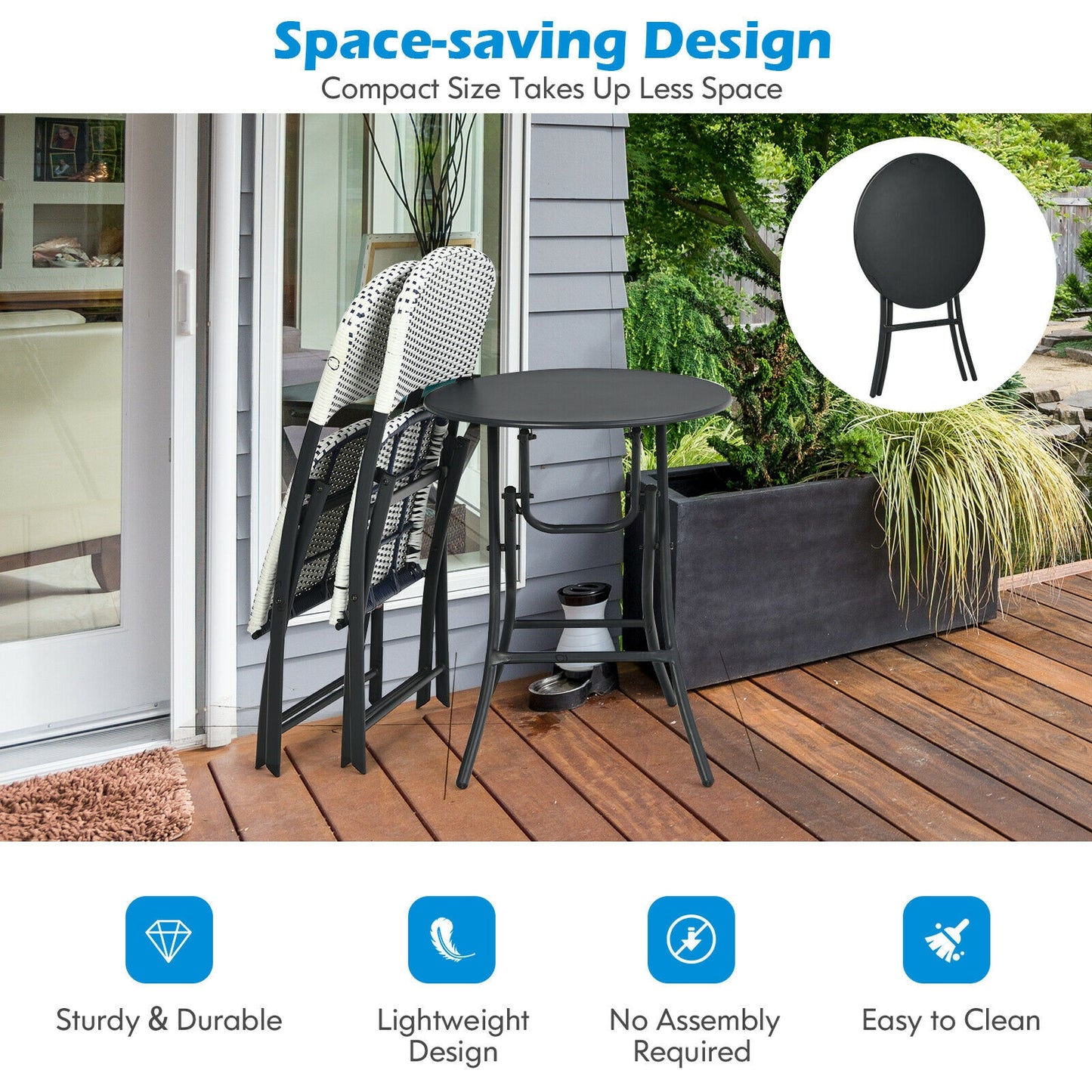 3-Piece Patio Bistro Set with Folding Table and Chairs