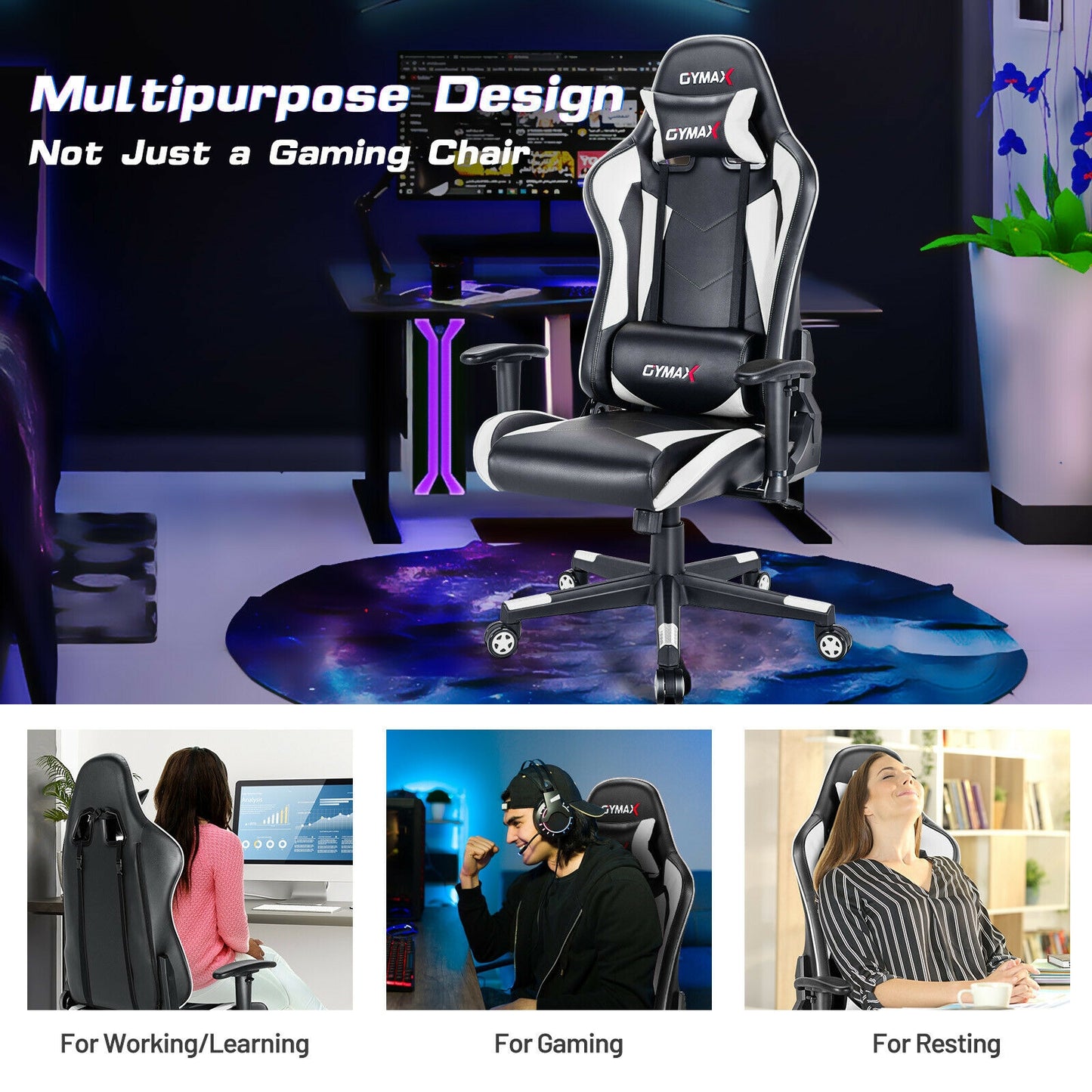 Gaming Chair Adjustable Swivel Racing Style with Lumbar Support