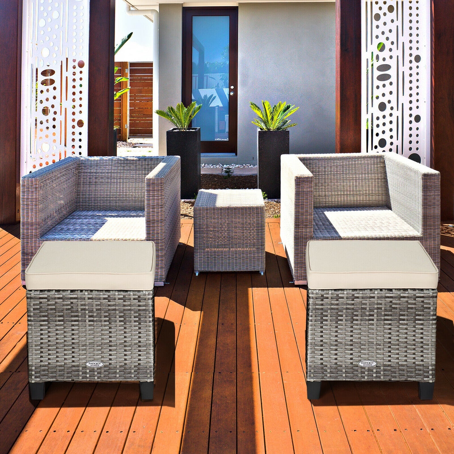 Patio Rattan Ottoman Set with Removable Cushions (2-Piece)