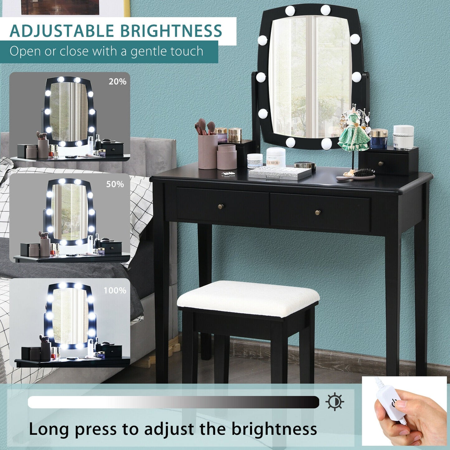 Lighted Vanity Table Set with Mirror and Stool