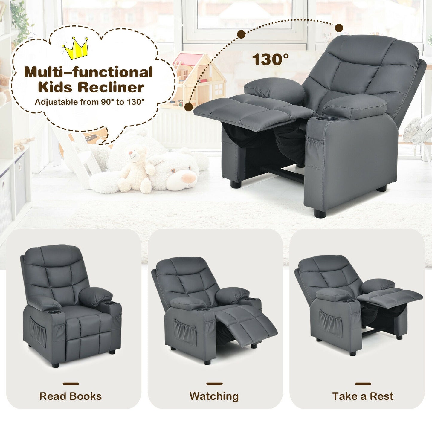 Kids Recliner Chair with Cup Holder and Footrest