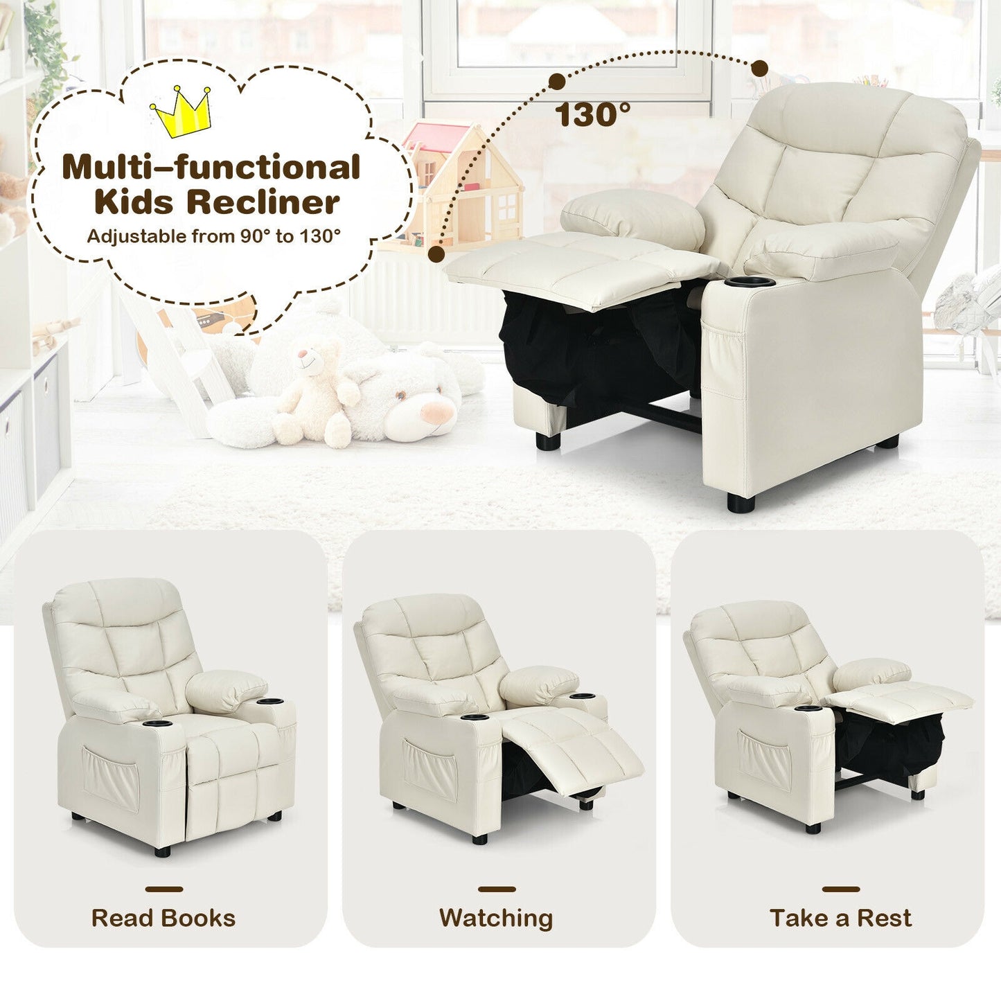 Kids Recliner Chair with Cup Holder and Footrest