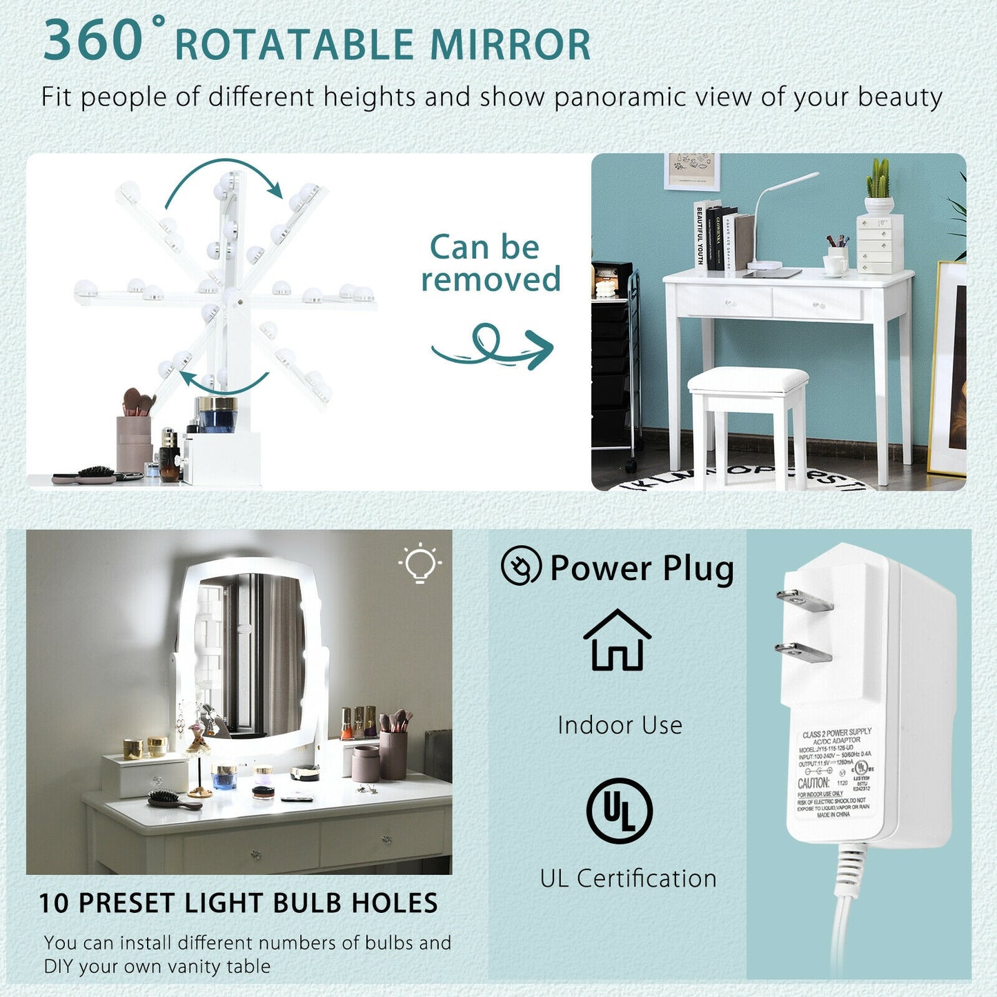 Lighted Vanity Table Set with Mirror and Stool