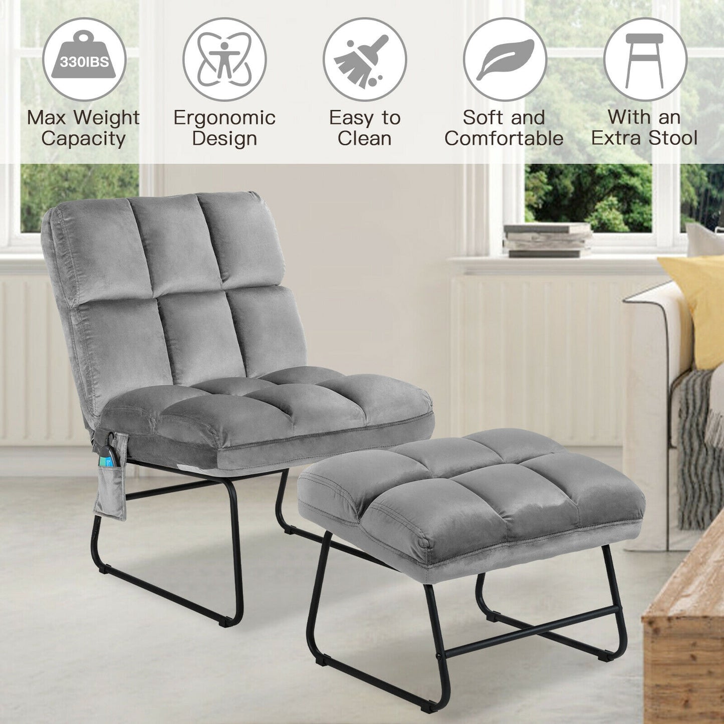Velvet Massage Recliner Chair with Ottoman and Remote Control