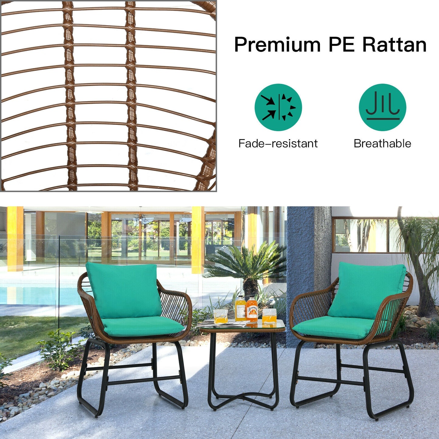 3-Piece Rattan Bistro Set with Cushioned Chairs & Glass Table