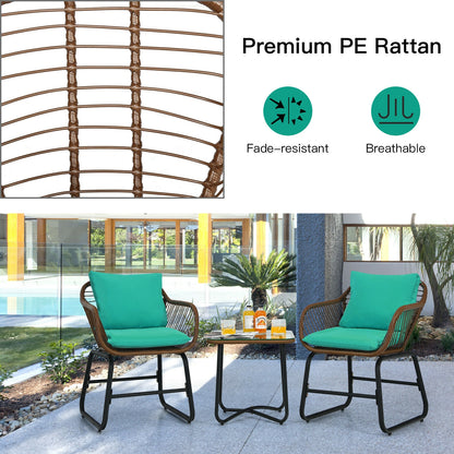 3-Piece Rattan Bistro Set with Cushioned Chairs & Glass Table