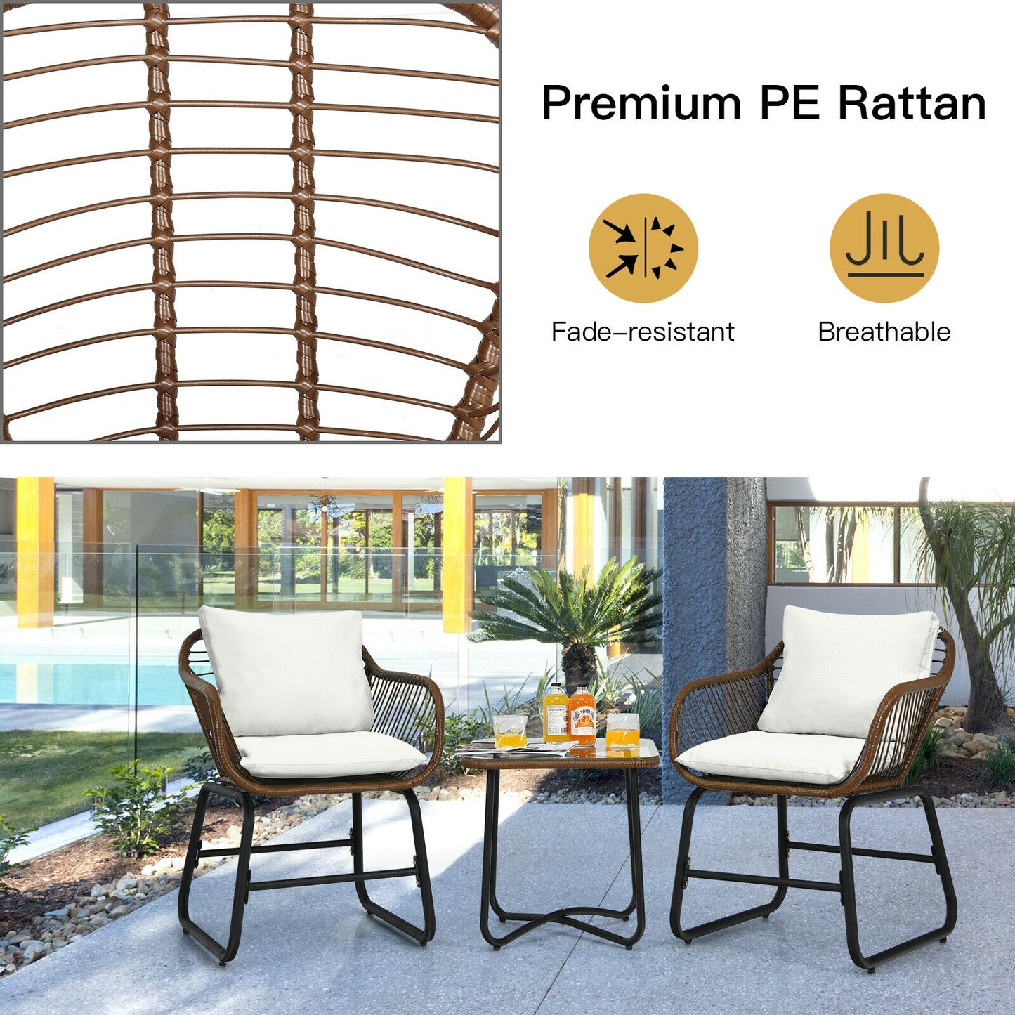 3-Piece Rattan Bistro Set with Cushioned Chairs & Glass Table