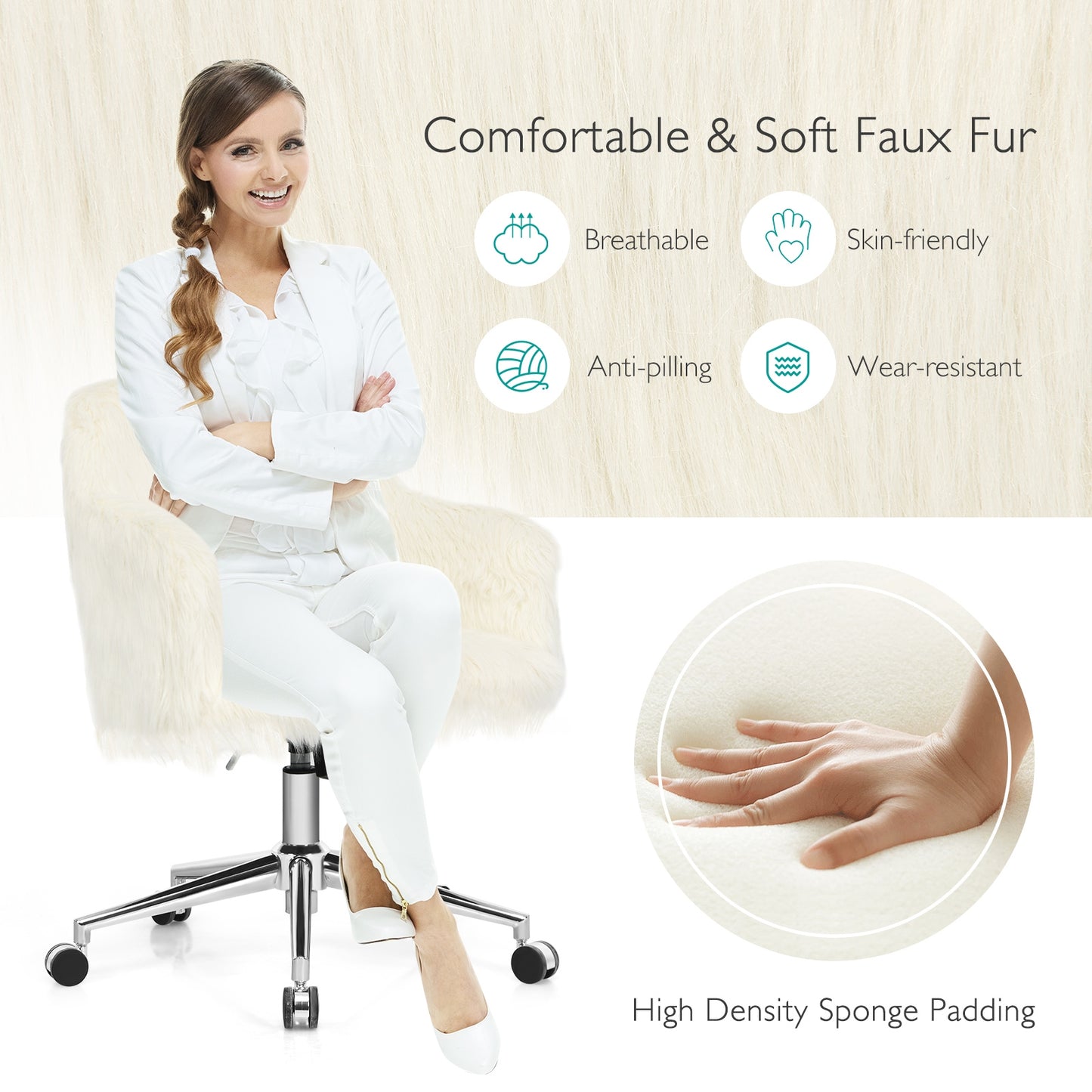 Fluffy Faux Fur Swivel Office Chair with Adjustable Height