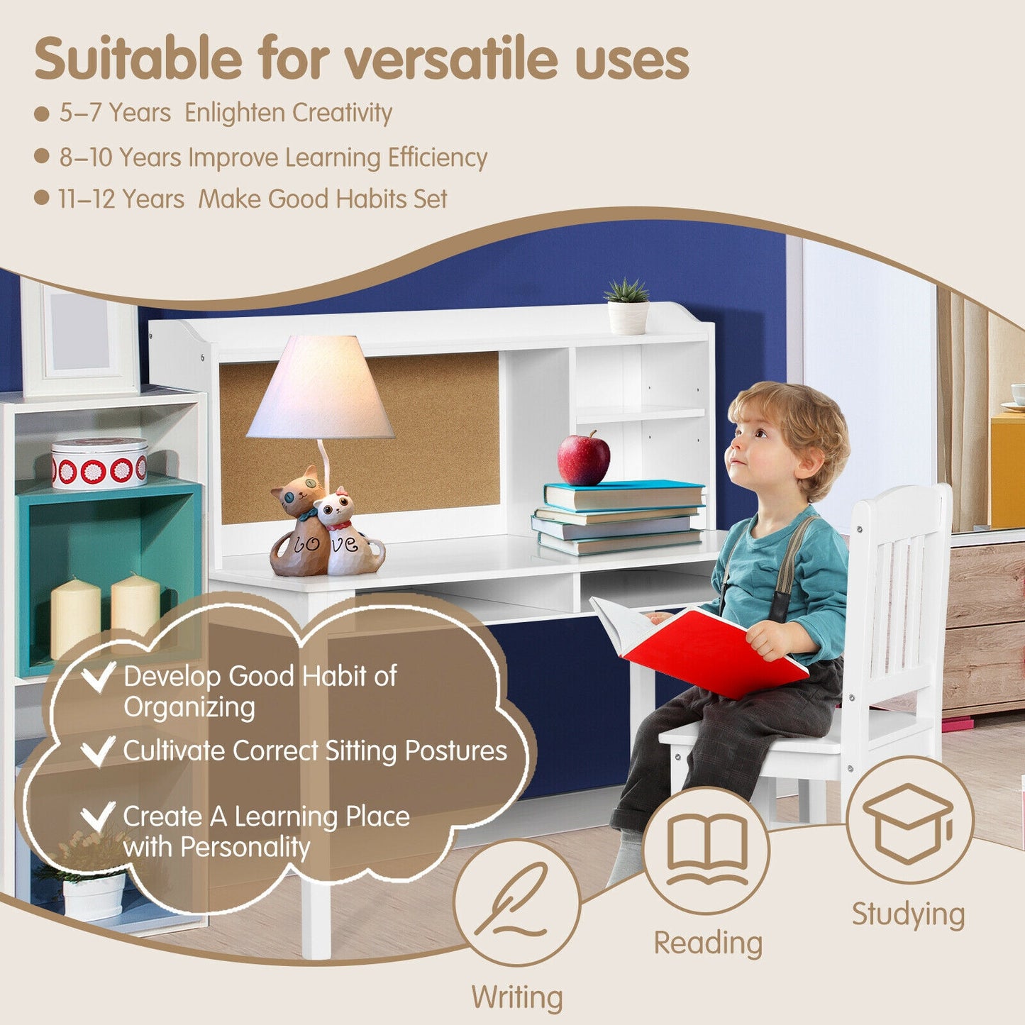 Kids Desk and Chair Set with Hutch and Storage Shelves